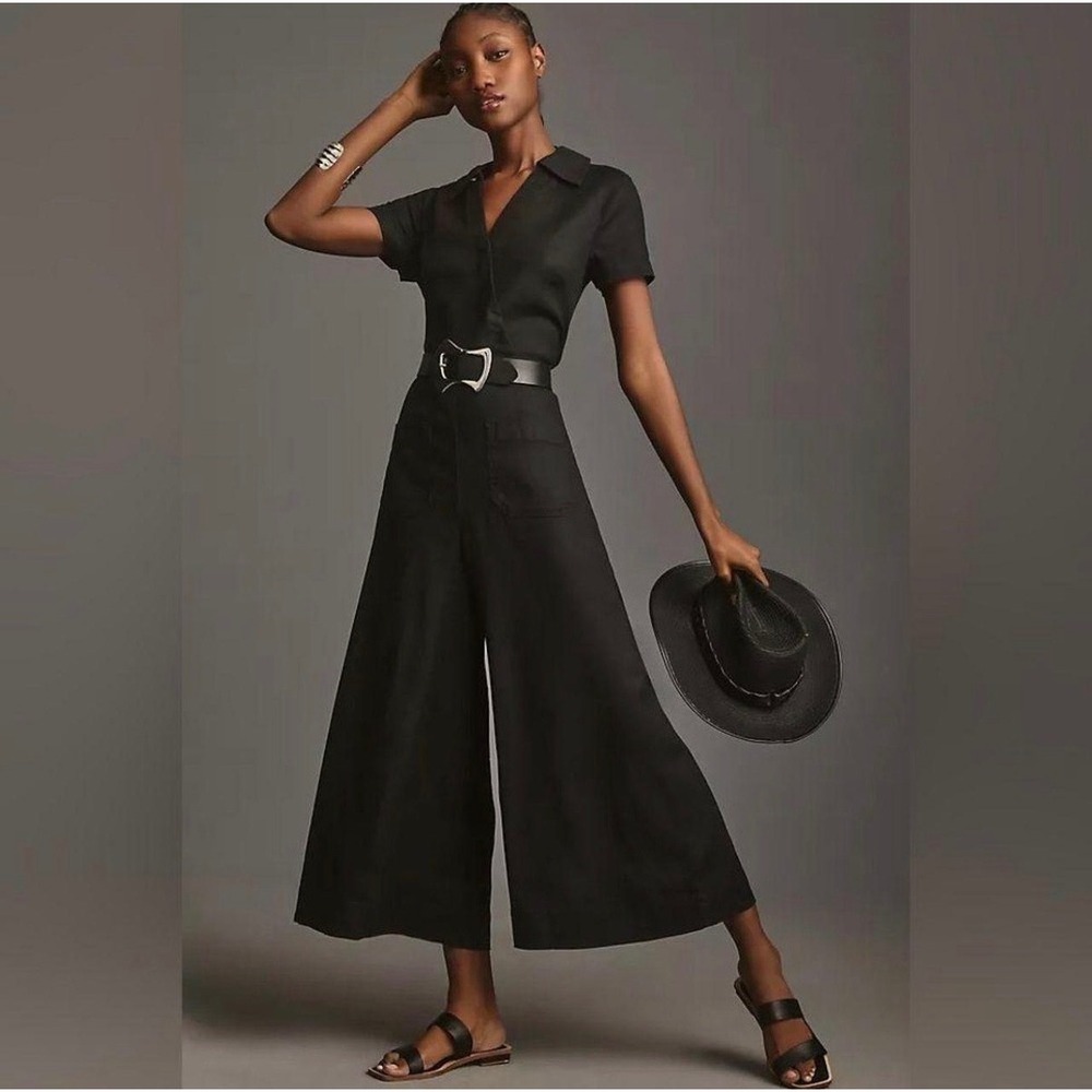 Anthropologie Maeve Wrapped Culotte Jumpsuit Black Sz 6P Linen Blend Utility - Picture 3 of 16